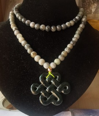 33'' Knot jade pendant,108 beads,100% natural black grey jadeite stone necklace