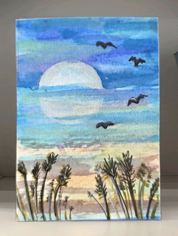 ACEO Original Watercolor Painting, 2.5 × 3.5 in, The Beach, ShineGoldenArt