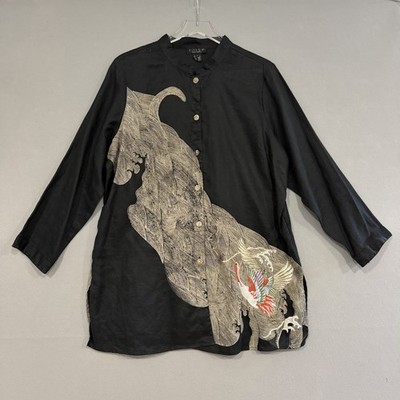 Citron Santa Monica Women 100% Linen Shirt Blouse Top Size 1X Black Embroidered