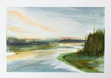 Original Watercolor Painting Sunset Bass Harbor Acadia National Park Signed 5x7"