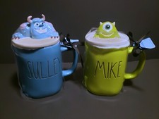Rae Dunn X Pixar Monsters Inc MIKE Green Sulley Blue Mug W/Topper Disney Coffee