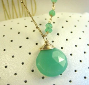 Vintage Faux Gold Tone Bead Rose Cut  Apple Green Chalcedony Chain Necklace 28"