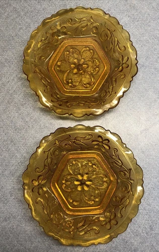 2 Vintage Depression Amber Indiana Sandwich Glass  Tiara Pattern Hexagonal Bowl
