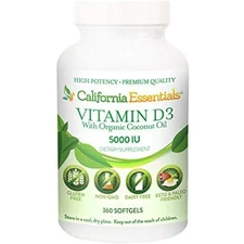 Vitamin D3 5000 IU (125mcg) with Organic Coconut Oil (360 Softgels)