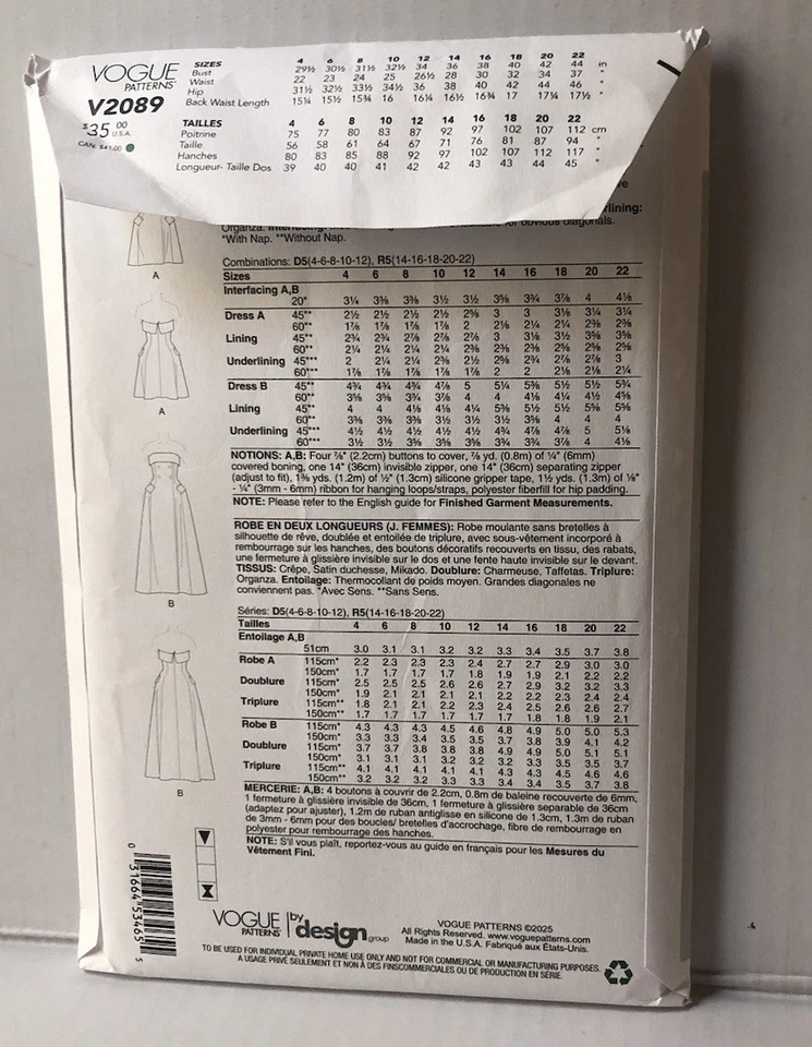 Vogue Sewing Patterns 2089 Misses Dress in Two Lengths. Sizes 4-6-8-10-12 . New. - Image 2 of 2