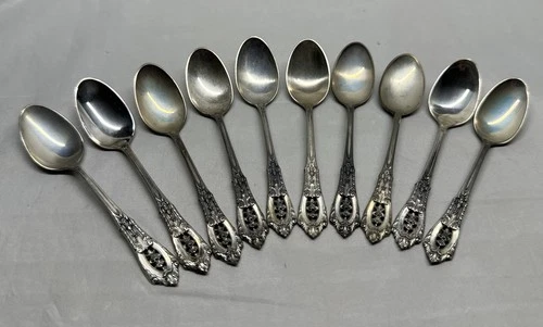 WALLACE 1940s Sterling ROSE POINT SET OF 10 PIERCED FLORAL DEMITASSE SPOONS 4”