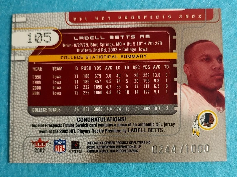 2002 Fleer Hot Prospects Ladell Betts Jersey 0244/1000 - Image 2 of 2