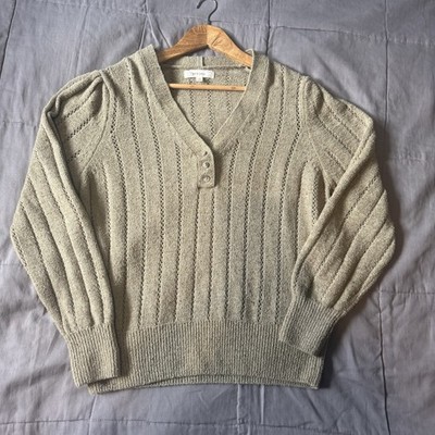 Pur Una Pointelle Strick Ripp Pullover Gr. 12 khaki meliert V-Ausschnitt Landhaus Koboldkern