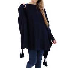 Womens Italian Plus Size Batwing Jumper Knit Cape Winter Poncho Tassel Pocket