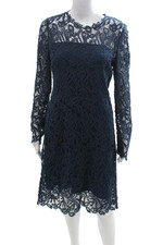 Elie Tahari Women Sheath Dress Dark Blue Long Sleeve Crew Neck Size 10