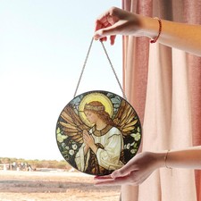 Praying Angel Stained Glass Design, Elegant Spiritual Circular Window Hanging