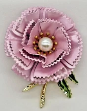 Vintage Metal and Enamel Flower Carnation Brooch Pin W/Cream Faux Pearl Unmarked