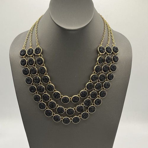 Ann Taylor Factory Gold Tone Black Stones Sparkle 3 Rows Necklace - Picture 1 of 10