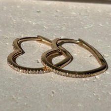 10K Solid Gold Heart Hoop Earrings, Natural Diamond Accent, Minimalist Jewelry
