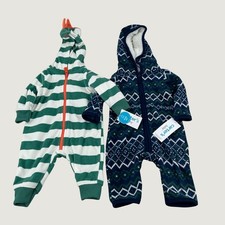 Carter's Fleece Jumpsuit Baby 3M Green Navy Striped Fair Isle Hooded Cozy Dino