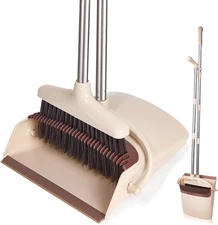 Broom and Dustpan Set with Long Handle, Light Weight Stainless Steel Poles Stand