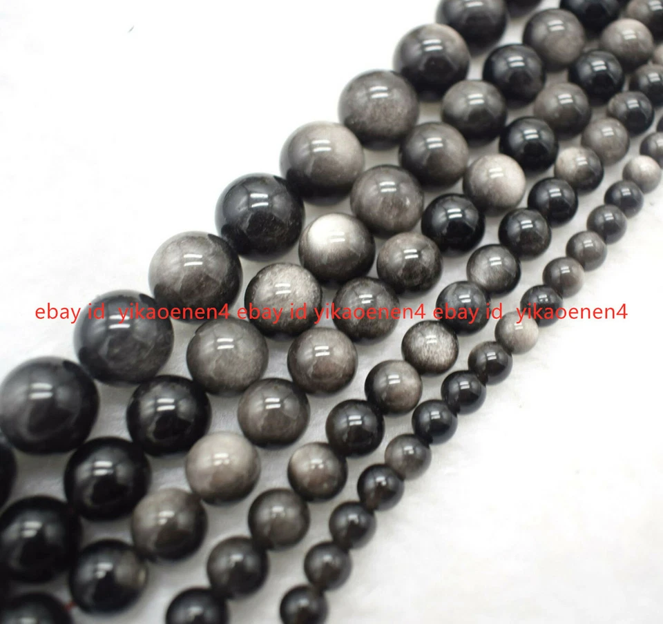 Natural 6/8/10/12/14mm Silver Obsidian Round Gemstone Loose Beads 15'' - Image 3 of 4