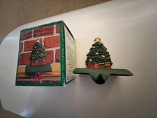 VTG Solid Cast Iron Merry Christmas Tree w/Angel/Train Mantel Stocking Holder
