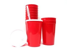 12-Large 20 Ounce Red Plastic Drinking Glasses Lids Straws Made in America