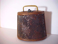Vintage Boho Wood Purse Hard Case Metal Hinge Embossed Floral Bag Lined NOS