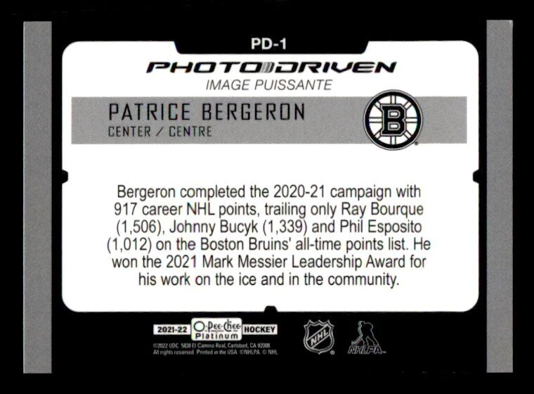 2021-22 O-Pee-Chee Platinum Photo Driven #PD1 Patrice Bergeron Bruins - Image 2 of 2