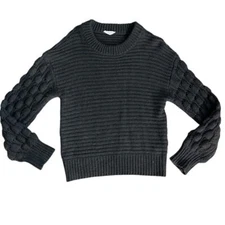 Elodie Gray Pullover Chunky Knit Crewneck Sweater Pom Pom Sleeves Size Medium