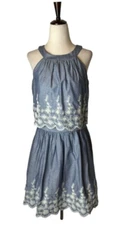 Pim + Larkin Anthropologie Dress Women 2 Chambray Eyelet Fit And Flare Mini Boho