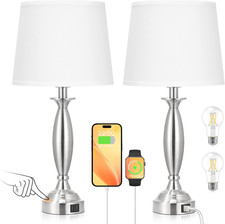 White Lamps for Bedrooms Set of 2 - Touch Control Bedside Lamp with USB C A, 3 W