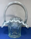 FENTON ART GLASS Lt. Blue w/ Opalescent Ruffled Edge Basket Butterflies & Berry