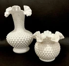 2 Vintage Fenton White Milk Glass Hobnail Vases With Ruffled Edges