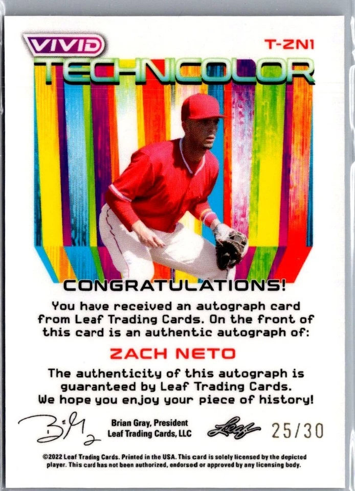 2022 Leaf Vivid #T-ZN1 Zach Neto Technicolor Navy Blue Autographs #/30 - Image 2 of 2