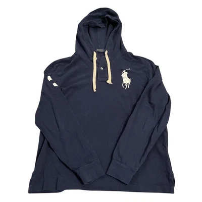Polo Ralph Lauren Hoodie Mens Medium Blue Henley Big Pony Logo Knit 3 Sleeve - Image 1 of 4