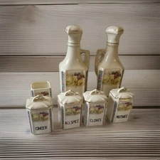 Luise Stoneware Oil & Vinegar Cruets w/5 pcs Spice Jar Set Roses Czechoslovakia