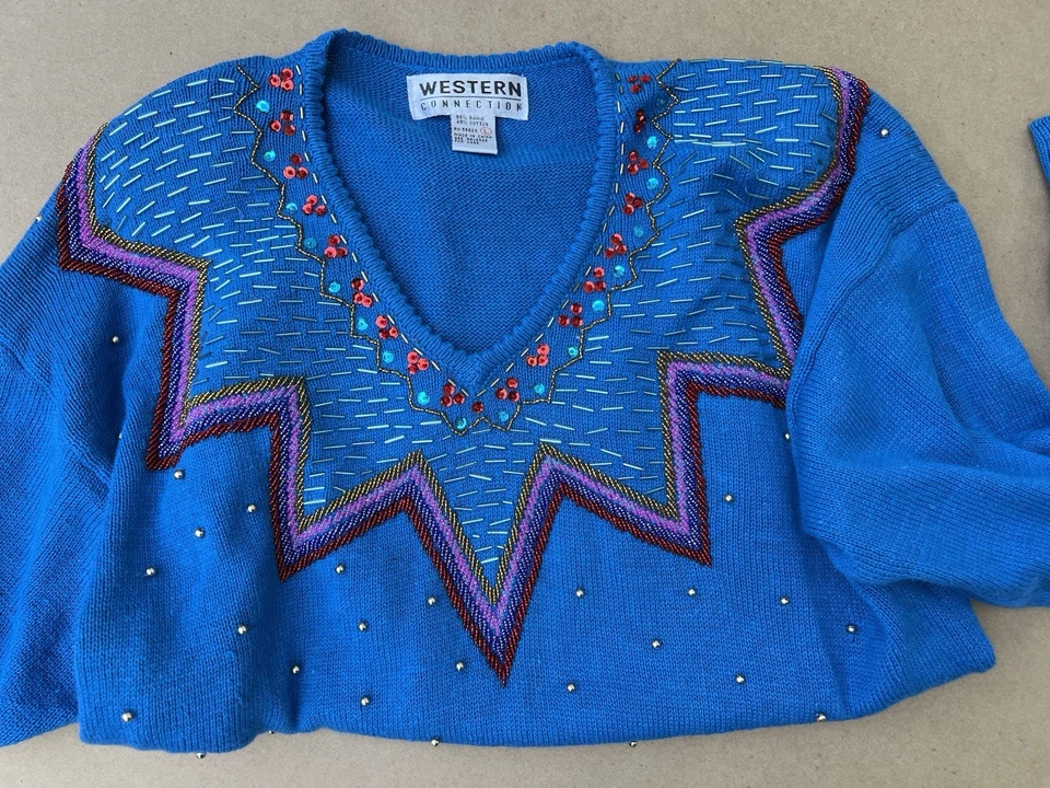 复古 Western Connection 女式 80 年代蓝色亮片串珠毛衣 L Shlder 垫 — 第 4/4 张图片
