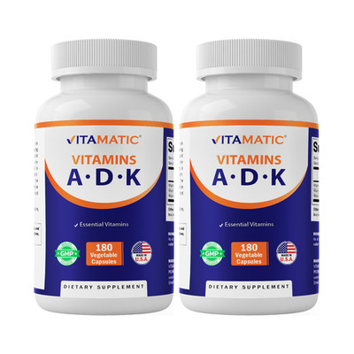 Vitamatic ADK Vitamin Supplement, 180 Veg Capsules, Vitamins A, D3, K2 - 2Pack
