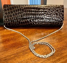 Brown Crocodile-Embossed Clutch with Detachable Silver Shoulder Strap/Chain