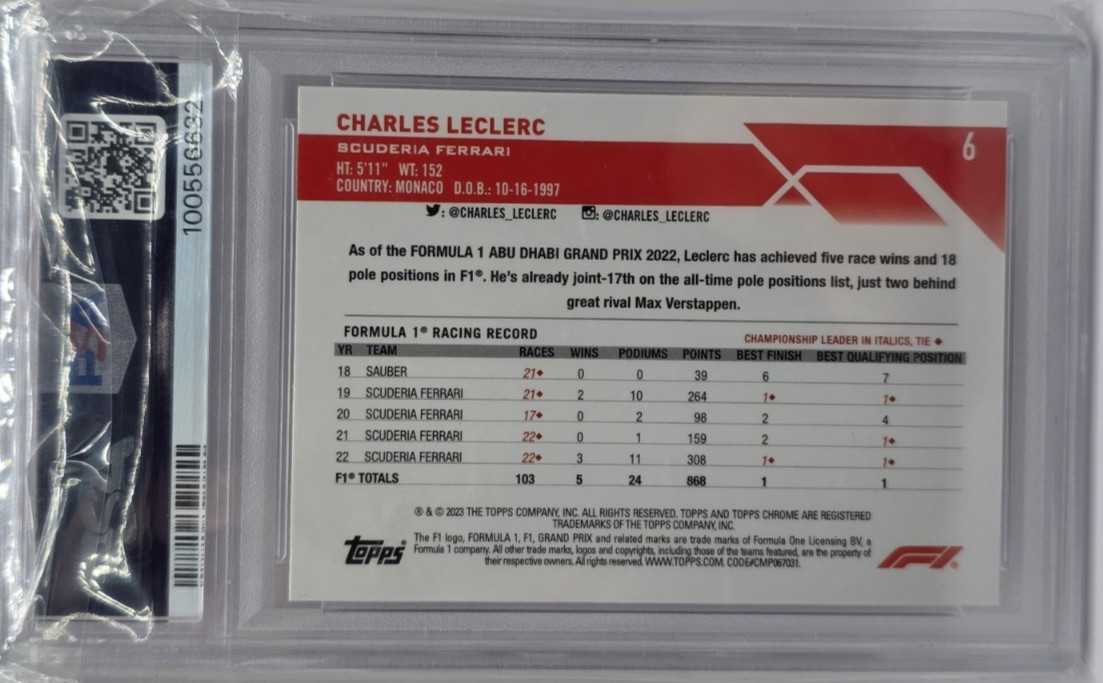 2023 Topps Chrome F1 Charles LeClerc Mini Diamond Refractor PSA 10 Gem Mt #6 view 3
