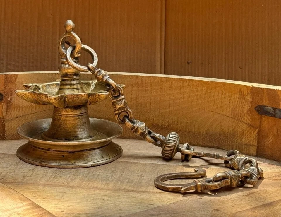 Antique Brass Hanging Diya Oil Light Lamp With Chain Original Old Fine Engraved - Image 3 of 4