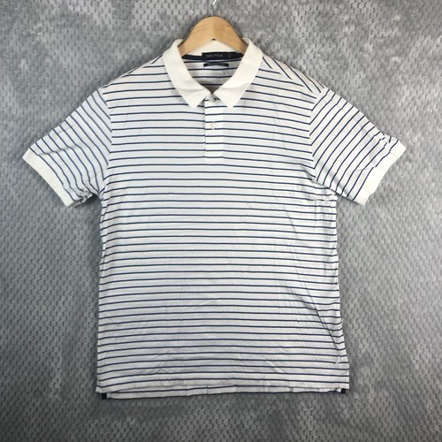 NAUTICA Mercerized Pima Polo Shirt Short Sleeve Striped White Blue Medium M