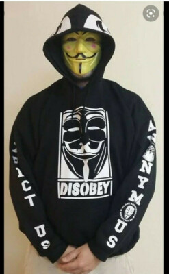 Anon Anonymous Disobey Hoody Hoodie hooded sweat shirt Guy Fawkes sleeves