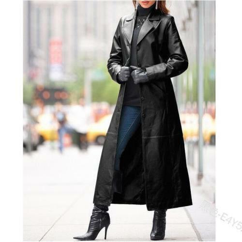 S-5XL Womens Ankle Length Coat Faux Leather Slim New Windbreaker Lapel  Buttons L