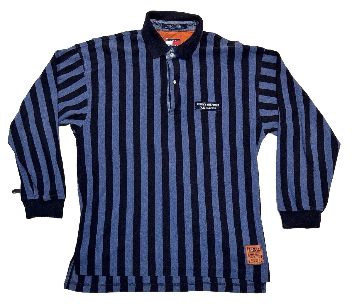 Vintage Tommy Hilfiger Navigator Blue Striped Long Sleeve Polo Shirt Size M