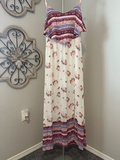 MUDD MAXI FIT & FLARE DRESS SPAGHETTI STRAPS OVERLAY TOP SPLIT SKIRT SZ L NWT