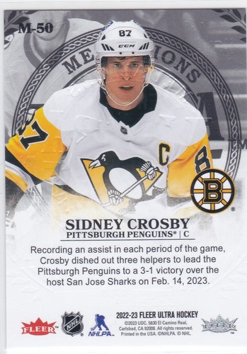 2022/23 FLEER ULTRA..SIDNEY CROSBY..MEDALLIONS INSERT..CARD # M-50..PENGUINS - Picture 2 of 2