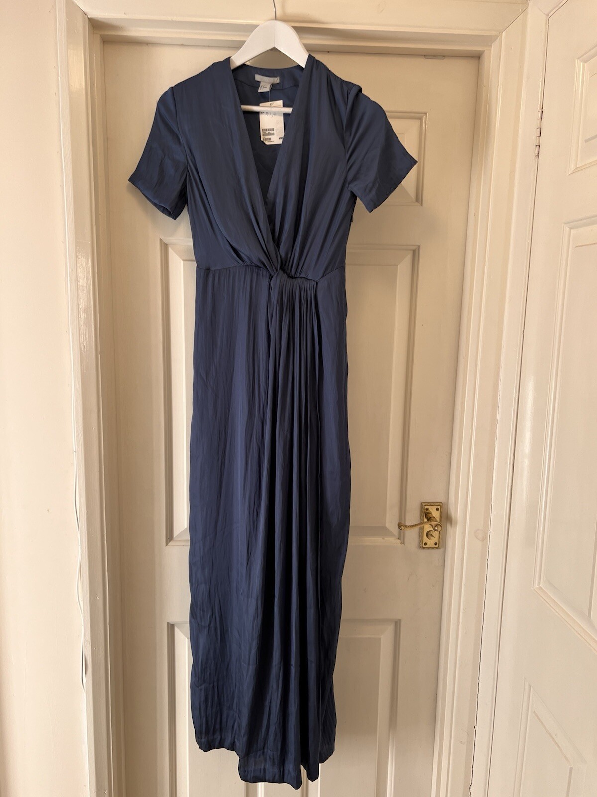 BNWT H&M Steel Blue Satin Feel Pleated Detail Maxi Dress UK 8