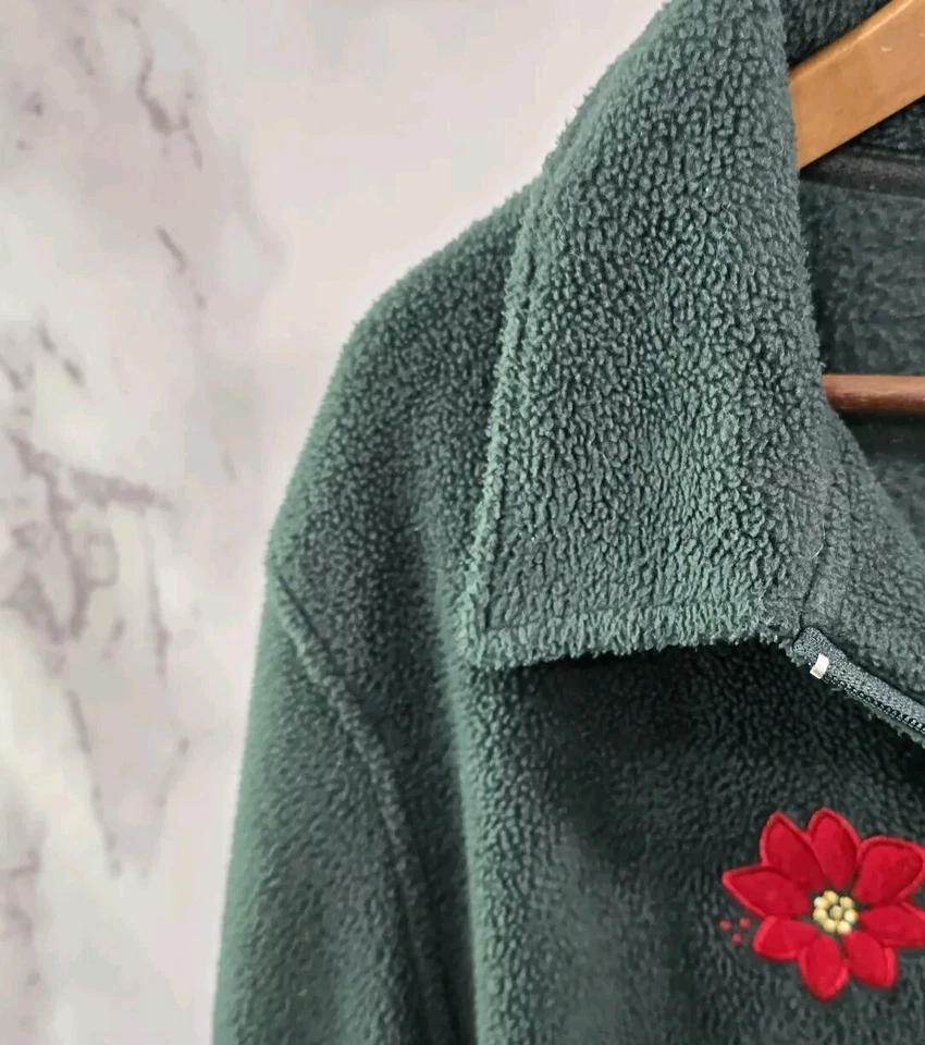 Christmas Sweater Womens XL Green Cardigan 90s Vtg Pointsettia Holly Jacket  - Image 2 of 4