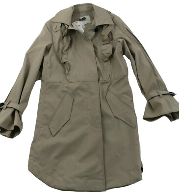 JOIE Gila Trench Coat Jacket Womens Medium Beige Ruffle Trim Buttons Cotton $398