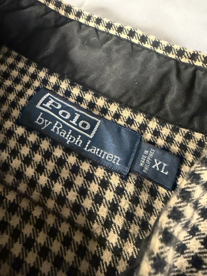 Polo Vintage Ralph Lauren Houndstooth Manga Longa Botão para Cima Camurça Cotovelo Patch GG - Imagem 4 de 4