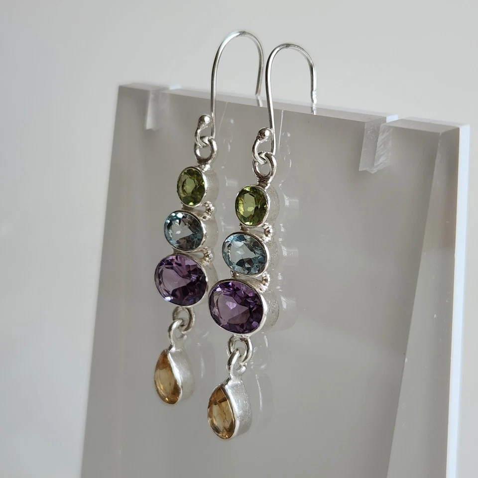 Sterling Silver Multi-Gem Drop Earrings | Peridot, Amethyst, Citrine, Topaz | 2″ - Image 3 of 4