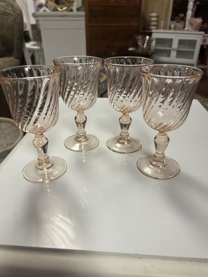 Set-4 Stemmed Vintage Rosaline Arcoroc France Pink Swirl 4 oz Water Wine Glasses